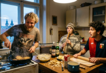 Quanto costa vivere a Praga (Versione Under 30): stipendi e spese reali Tre coinquilini (italiano in maglia del Genoa, slovacco con fujara, ceco che frigge bramboráky) in una cucina caotica a Praga al tramonto.