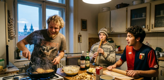 Tre coinquilini (italiano in maglia del Genoa, slovacco con fujara, ceco che frigge bramboráky) in una cucina caotica a Praga al tramonto.