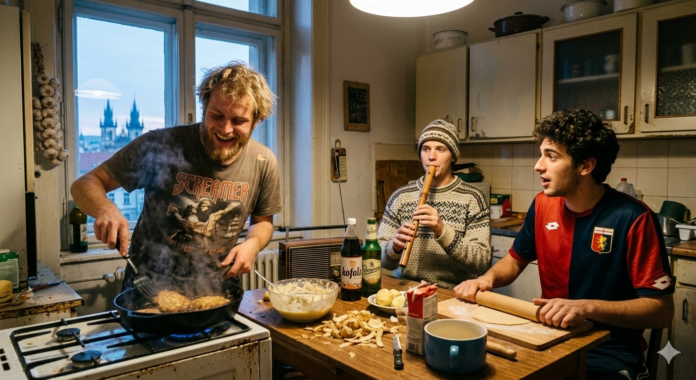 Tre coinquilini (italiano in maglia del Genoa, slovacco con fujara, ceco che frigge bramboráky) in una cucina caotica a Praga al tramonto.