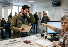 Guida definitiva 2026 alla patente in Repubblica Ceca: come non farsi defenestrare dalla motorizzazione Una fotografia realistica all'interno di un affollato ufficio del Magistrato dei trasporti di Praga mostra un giovane italiano esasperato che si tiene la testa al banco 'Prepážka 4'. Tiene la patente e i documenti mentre un'impiegata ceca di mezza età con un'espressione severa gli indica scortesemente l'uscita da dietro una barriera di vetro. Cartelli in ceco e persone in attesa riempiono lo sfondo.