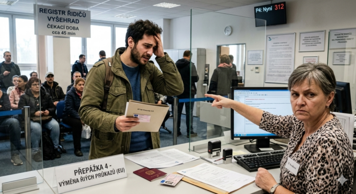 Una fotografia realistica all'interno di un affollato ufficio del Magistrato dei trasporti di Praga mostra un giovane italiano esasperato che si tiene la testa al banco 'Prepážka 4'. Tiene la patente e i documenti mentre un'impiegata ceca di mezza età con un'espressione severa gli indica scortesemente l'uscita da dietro una barriera di vetro. Cartelli in ceco e persone in attesa riempiono lo sfondo.
