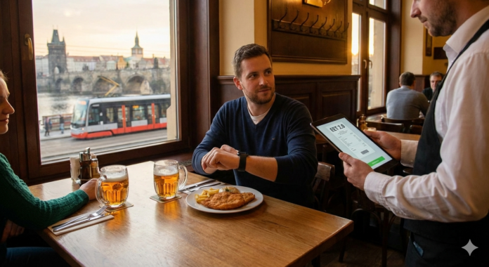 Cameriere mostra scontrino digitale EET 2.0 su un tablet a un cliente in una tradizionale hospoda di Praga, con vista sul Ponte Carlo e un tram che passa sullo sfondo.