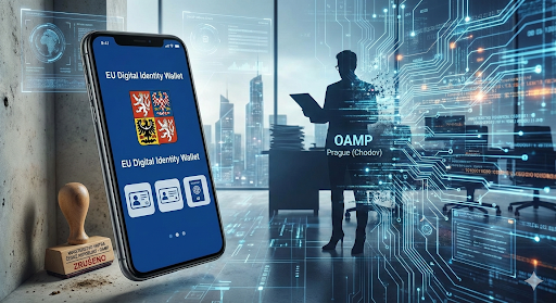 Smartphone con Portafoglio Digitale UE e documenti d'identità digitali davanti a un ufficio pubblico a Praga, simbolo della digitalizzazione OAMP.