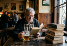 Letteratura Ceca: 10 Romanzi Fondamentali da Leggere (Oltre Kafka) Un uomo di mezza età con occhiali e camicia a quadri legge un libro in una tipica hospoda ceca; sul tavolo in legno ci sono una birra chiara Pilsner e una pila di altri volumi.