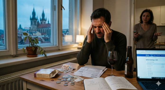 Un expat italiano over 30 stressato dai conti in un appartamento a Praga, con una scatola di antidepressivi, bollette in corone ceche e una bottiglia di vino vuota. Dalla finestra si vedono le torri della città vecchia al crepuscolo.