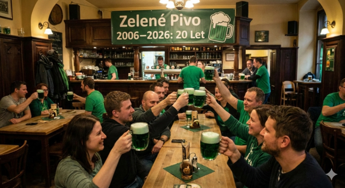 zelene-pivo-birra-verde-repubblica-ceca-2026-anniversario Un gruppo di persone allegre brinda sollevando grandi boccali di birra verde brillante in un pub tradizionale ceco affollato. Sullo sfondo, sopra il bancone in legno, è appeso uno striscione verde con la scritta bianca