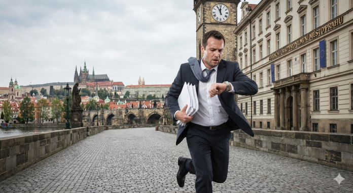 Un uomo in abito elegante corre trafelato sul Ponte Carlo a Praga verso l'ufficio delle tasse, tenendo dei documenti in mano e guardando l'orologio, con il castello di Praga sullo sfondo.