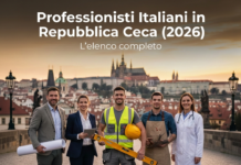 Professionisti italiani in Repubblica Ceca: l’elenco completo (2026) Un gruppo eterogeneo di cinque professionisti italiani in posa su una strada lastricata con vista sul Castello di Praga. Il gruppo include un muratore con abbigliamento da lavoro e una livella, un falegname con un grembiule, un'avvocatessa con un tablet e un medico in camice, a simboleggiare la varietà dei servizi offerti dalla comunità italiana in Repubblica Ceca nel 2026.