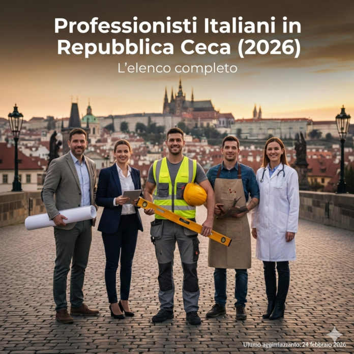 Un gruppo eterogeneo di cinque professionisti italiani in posa su una strada lastricata con vista sul Castello di Praga. Il gruppo include un muratore con abbigliamento da lavoro e una livella, un falegname con un grembiule, un'avvocatessa con un tablet e un medico in camice, a simboleggiare la varietà dei servizi offerti dalla comunità italiana in Repubblica Ceca nel 2026.