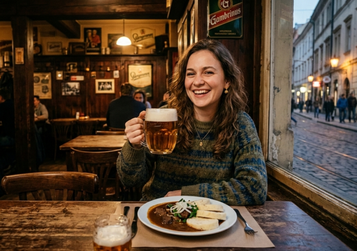 Una giovane donna ceca sorridente seduta in una taverna tradizionale di Praga (hospoda), con un boccale di birra artigianale in mano e un piatto di gulasch con canederli davanti a sé. Sullo sfondo, una finestra mostra una tipica via acciottolata del quartiere Žižkov al crepuscolo.
