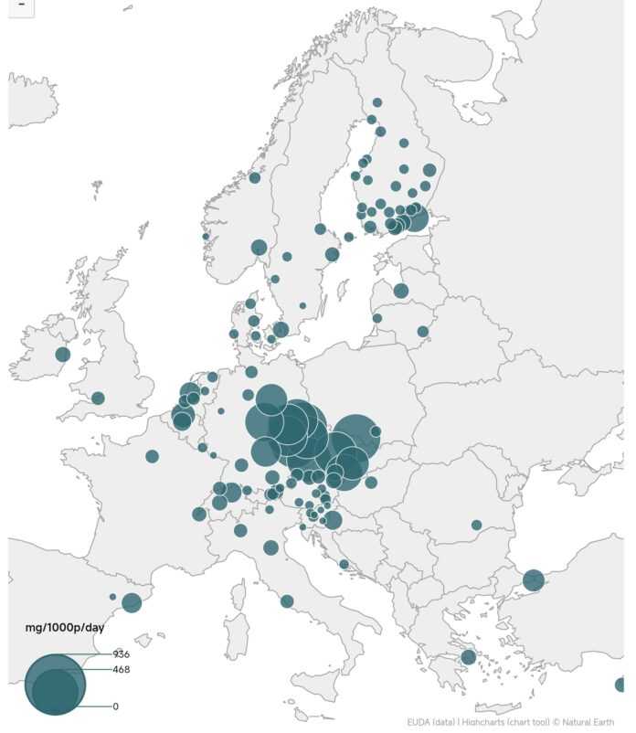 Mappa della distribuzione geografica dei residui di metamfetamina nelle città europee nel 2024, espressa in mg per 1.000 abitanti al giorno, con evidenza sulla Repubblica Ceca e l'Europa Centrale.
