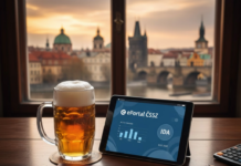 Guida per pensionandi in Repubblica Ceca: come non farsi fregare dalla ČSSZ e godersi la birra da vecchi Tablet con calcolatore pensione IDA, passaporto italiano e documenti previdenziali ELDP su un tavolo con vista sul Ponte Carlo a Praga.