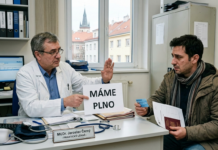 Medico di Base a Praga: La Guida Definitiva per Non Farsi Rimbalzare Un medico ceco nel suo studio a Praga mostra un cartello con scritto Máme Plno a un paziente straniero scoraggiato.