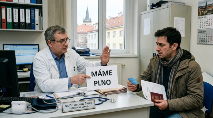 Un medico ceco nel suo studio a Praga mostra un cartello con scritto Máme Plno a un paziente straniero scoraggiato.