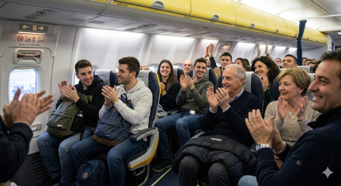 Passeggeri italiani che applaudono all'atterraggio del volo low cost nell'aeroporto di Praga.