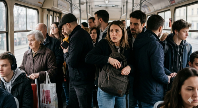 Una giovane turista italiana Distratta sul tram a Praga si accorge del borseggio: la sua borsa è aperta mentre l'autore si fonde nella folla affollata.