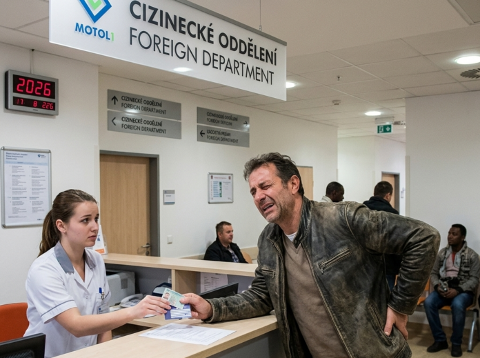 Un uomo italiano dolorante presenta i suoi documenti alla reception del Cizinecké oddělení (Dipartimento Stranieri) dell'Ospedale Motol di Praga, 2026.