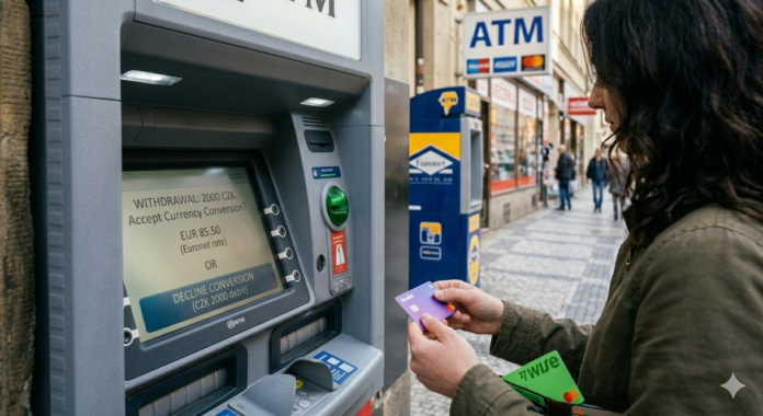 Viaggiatrice a Praga rifiuta la conversione dinamica (DCC) con carte Revolut e Wise presso un bancomat bancario non Euronet, per ottenere il tasso reale.