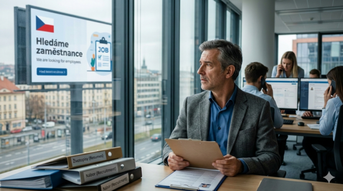Un professionista senior siede alla scrivania e guarda verso l'esterno, con dei giovani colleghi sullo sfondo e un cartello per la ricerca di personale fuori dalla finestra.