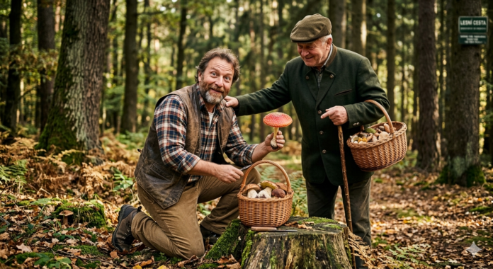 Due uomini, uno anziano e uno più giovane, in un bosco della Repubblica Ceca con cesti di vimini. L'uomo più giovane tiene in mano un fungo Amanita muscaria rosso e bianco e guarda verso la macchina fotografica. L'uomo anziano sorride e lo indica. Sullo sfondo si intravede un cartello in ceco.