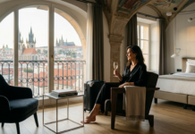 Dove dormire a Praga: i 5 migliori Design Hotel per un soggiorno unico Donna elegante seduta in un'esclusiva camera di design hotel a Mala Strana, Praga, mentre guarda la vista panoramica sul Castello e sulle guglie storiche dalla finestra, con una valigia di lusso Rimowa e arredi cubisti cechi nella stanza.