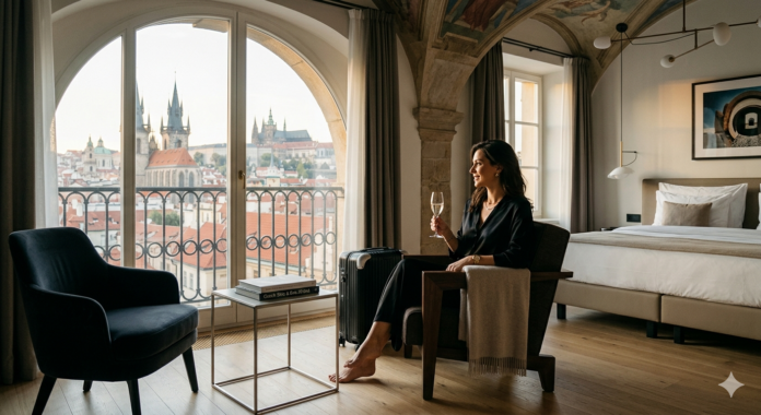 Donna elegante seduta in un'esclusiva camera di design hotel a Mala Strana, Praga, mentre guarda la vista panoramica sul Castello e sulle guglie storiche dalla finestra, con una valigia di lusso Rimowa e arredi cubisti cechi nella stanza.
