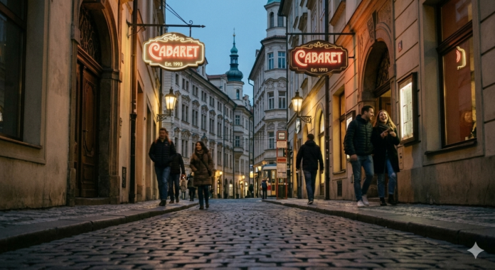 Scena notturna di una strada acciottolata di Praga con insegne al neon rosse e dorate